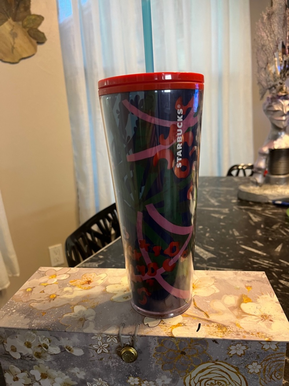 Starbucks Red Lid Multicolor Graphic Tumbler with Blue Straw